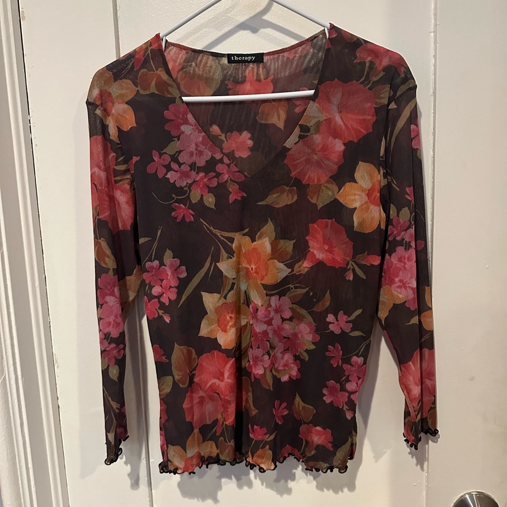 Mesh floral three-quarter sleeve top